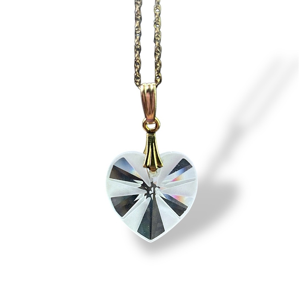 Gold Filled Frosted Crystal Heart Necklace – Faceted Starburst Prism Pendant 18”